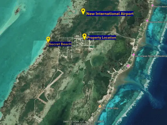Image showing location of property for sale in Belize. THe new International Airport and Secret Beach are also shown.